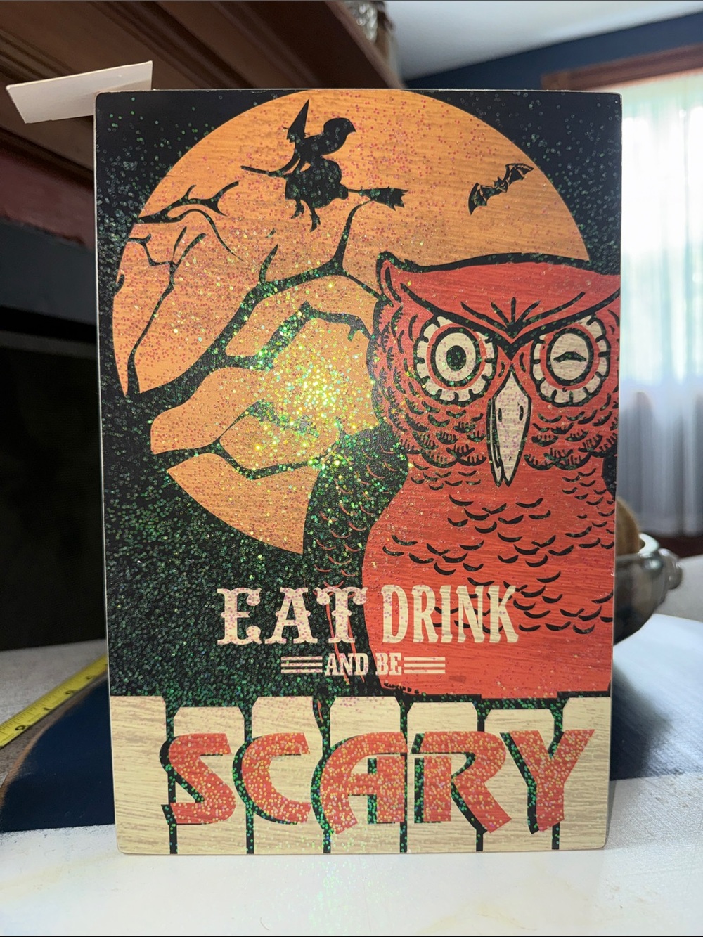 Hobby Lobby Orange Owl Halloween Wall Art with Green Glitter